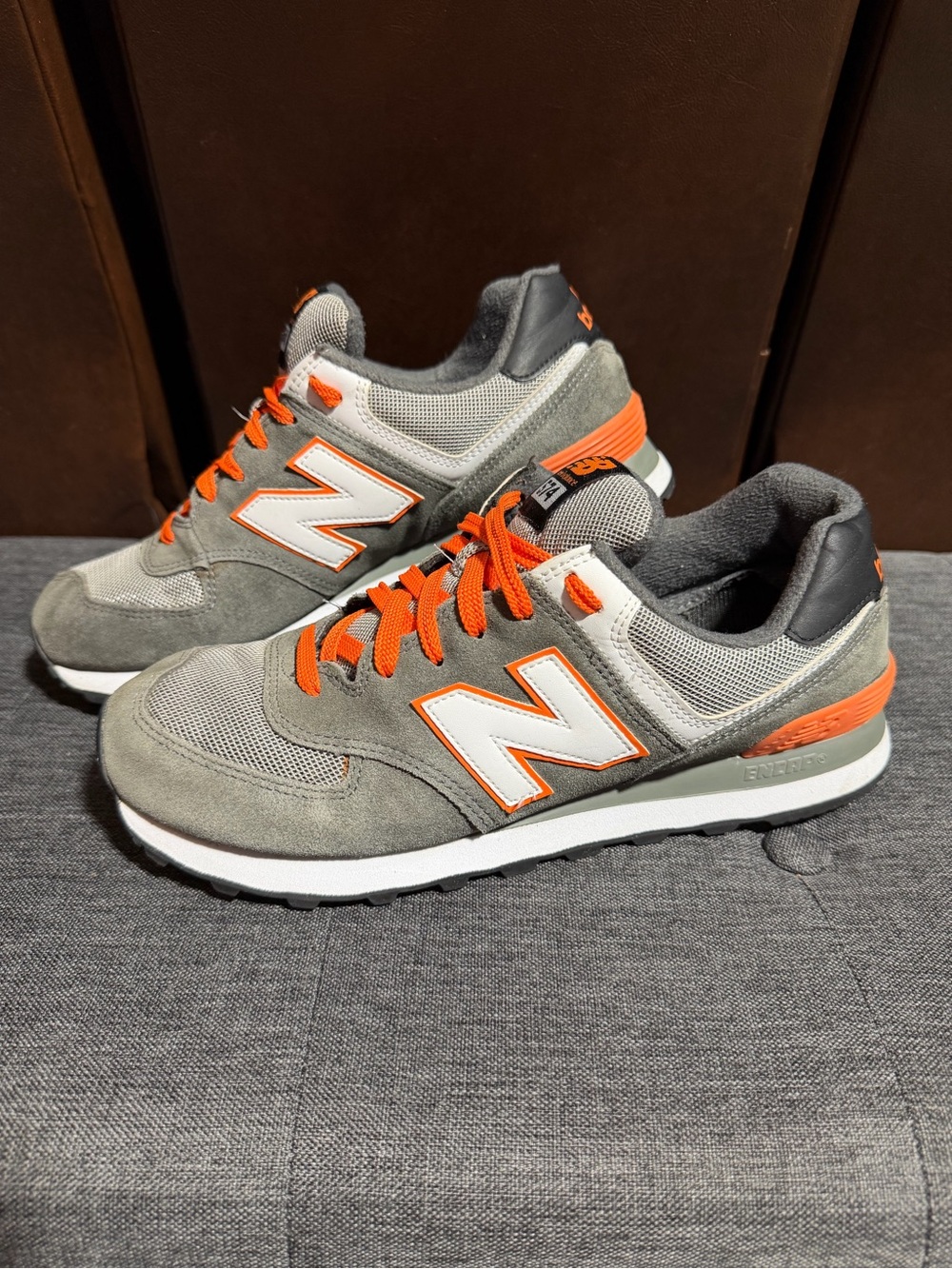 New Balance Gray Suede & Mesh Sneakers with Orange Accents - Picture 3 of 7